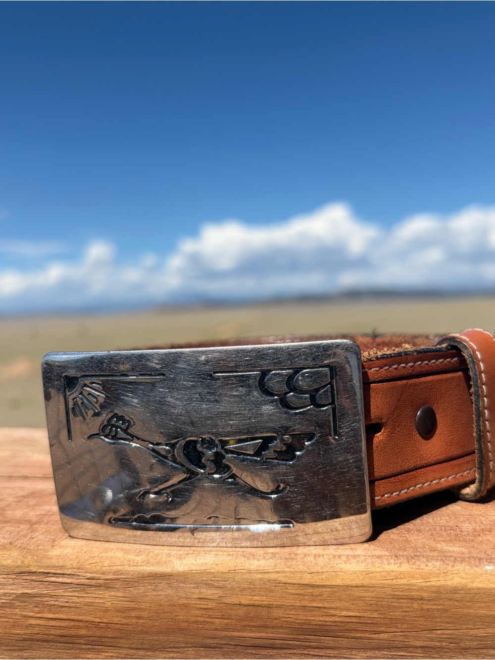 VINTAGE CHAMBERS ROADRUNNER BUCKLE BASKETWEAVE LEATHER BELT – FITS 35-39” WAIST